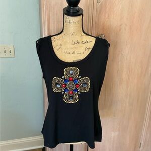 Rare Y2K St. John Jeans Black Tank Top with Cross Embellishments Celtic  XL